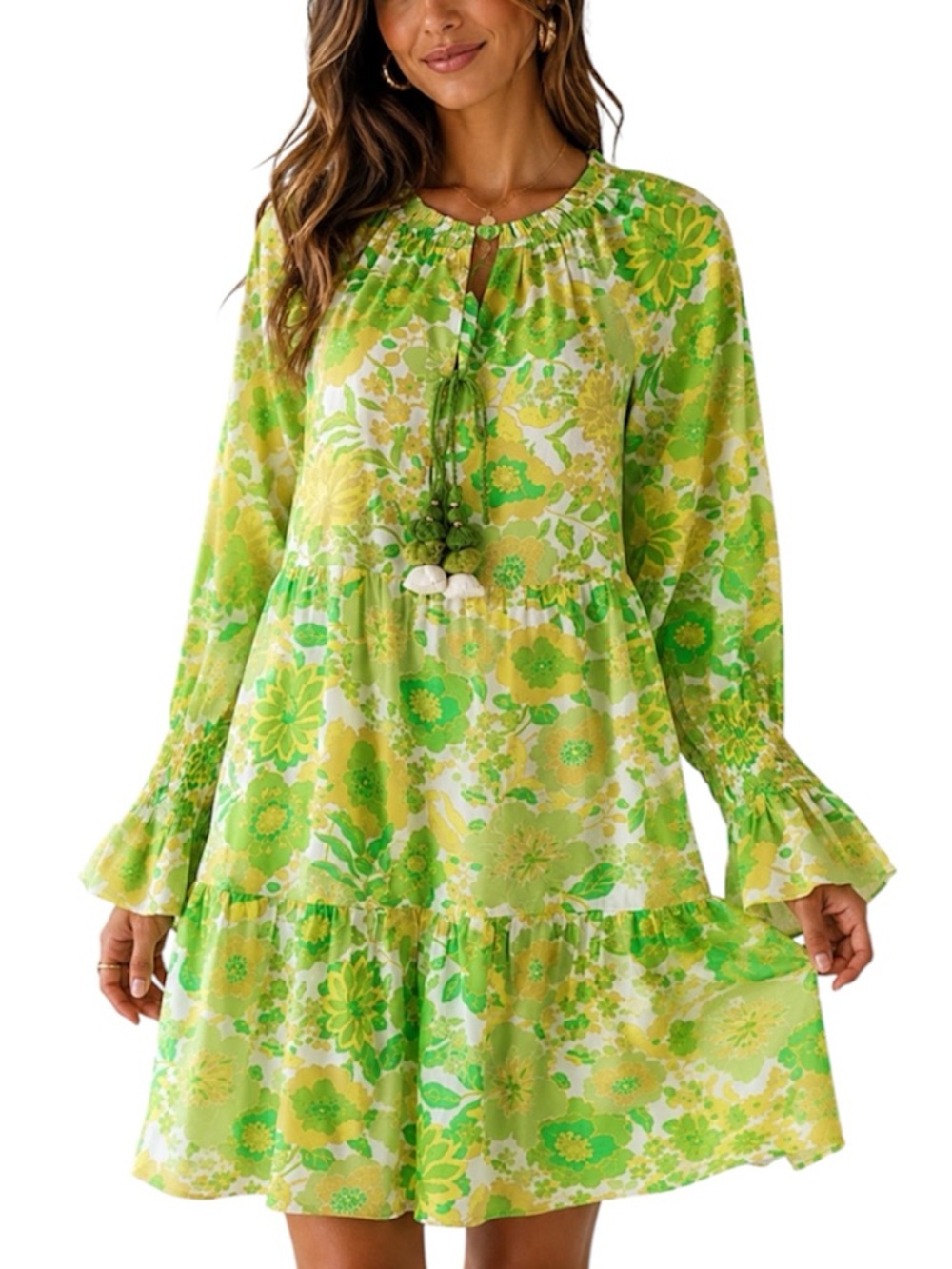 Figue Bella Tiered Mini Dress Lime Retro Floral Print Cotton size XS